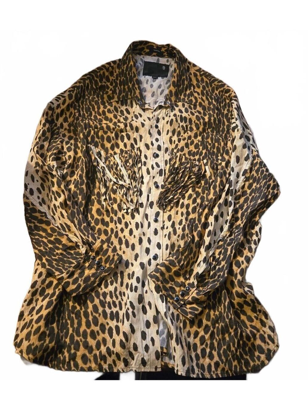 R13 Oversized Leopard Cheetah Print Western Fringe button Shirt Italian Fabric